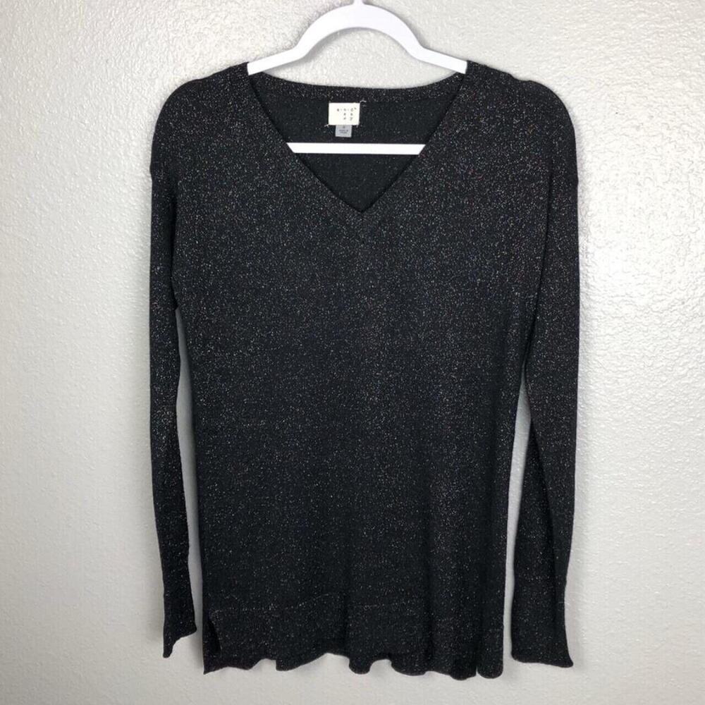 A New Day Size Small Black Rainbow Long Sleeve V-Neck Multicolor Shirt Top